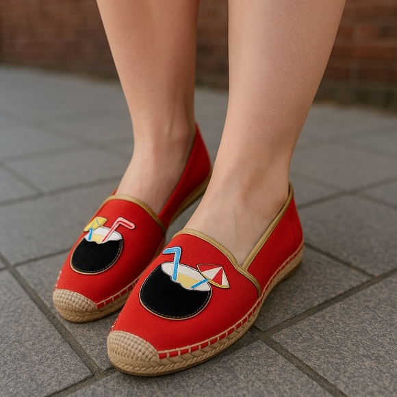 Tory‎ Burch Red and Gold Espadrilles with Whimsical Design - Picture 1 of 7